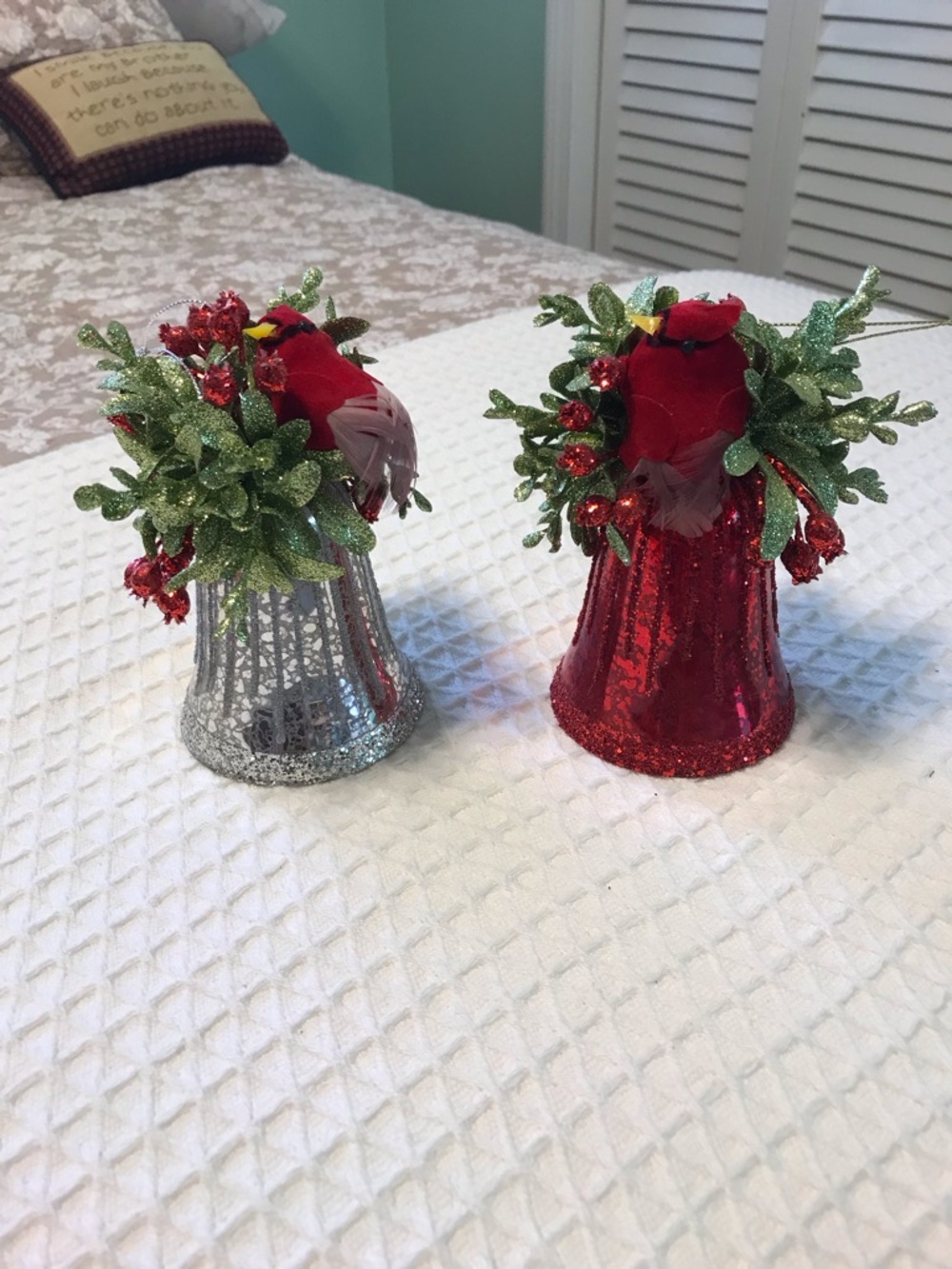 Glitter Bell Floral Ornaments - Red and Silver